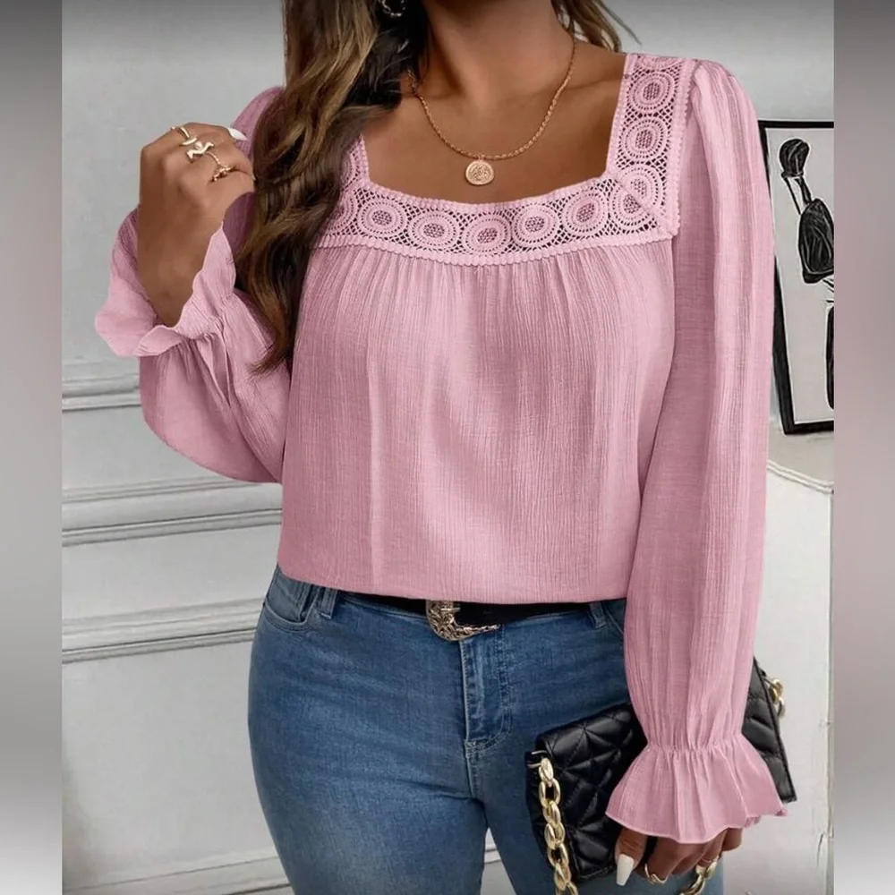Elegant Pink Lace Trim Women's Top